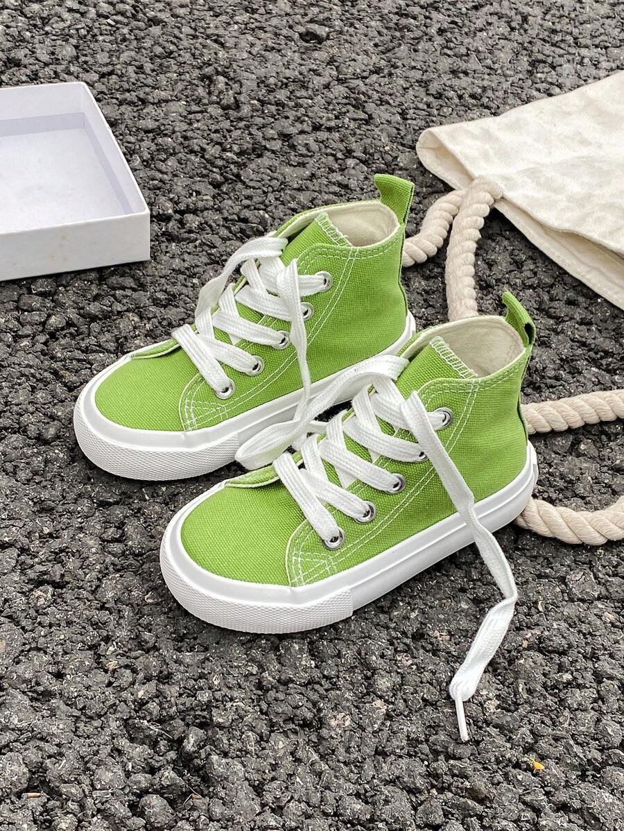 Zapatillas de lona OPOEE, zapatillas deportivas de media caña para niños, para primavera/otoño, estilo coreano, unisex, de moda con suela baja, zapatos deportivos casuales con cordones, zapatillas clásicas de caña alta, zapatos deportivos casuales todo a juego para patineta para niños