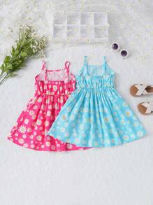 Conjunto de 2 piezas de vestidos casuales y lindos de tirantes impresos con margaritas para niñas jóvenes, adecuado para actividades al aire libre y vacaciones en primavera o verano