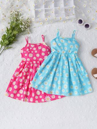 Conjunto de 2 piezas de vestidos casuales y lindos de tirantes impresos con margaritas para niñas jóvenes, adecuado para actividades al aire libre y vacaciones en primavera o verano