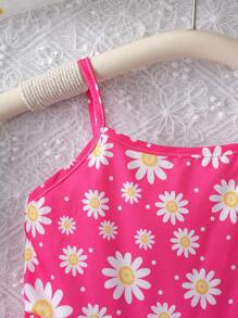 Conjunto de 2 piezas de vestidos casuales y lindos de tirantes impresos con margaritas para niñas jóvenes, adecuado para actividades al aire libre y vacaciones en primavera o verano