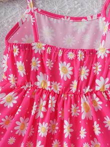 Conjunto de 2 piezas de vestidos casuales y lindos de tirantes impresos con margaritas para niñas jóvenes, adecuado para actividades al aire libre y vacaciones en primavera o verano