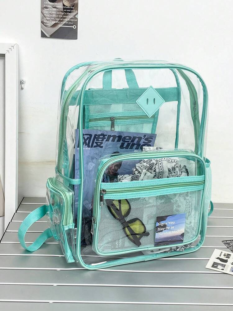 Mochila transparente de gelatina, nuevo estilo coreano impermeable, bolsa de hombro de PVC para estudiantes masculinos de escuela primaria y secundaria, mochila escolar para el regreso a clases, gran capacidad, suministros escolares - Verde - Añade 4