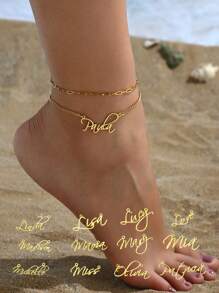2 件女士个性化名字脚链套装，不锈钢金色定制名字脚链生日礼物 - 金黃色 - 查看 1
