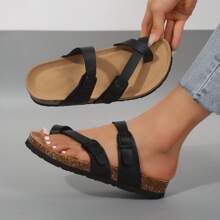 Women's Flat Cork Sandals, Summer Sandals Toe Loop Cross Strap, Retro Style & Casual Sandals With Adjustable Strap Buckle - toàn màu đen - Xem 4