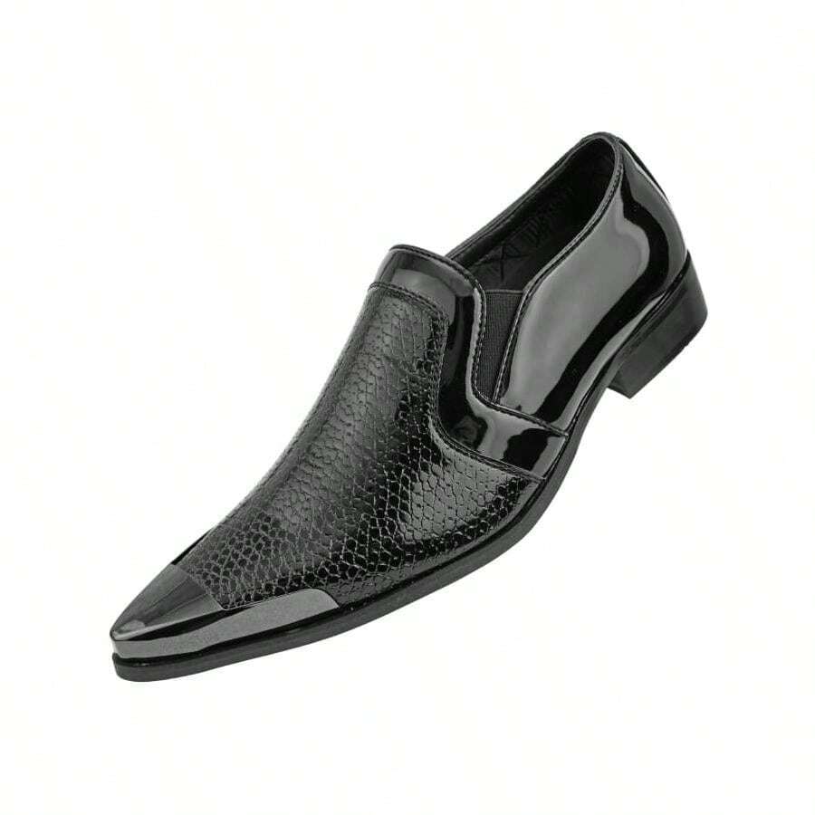 Black Metal Tip Smoking Slippers For Men Pointed Toe Patent Dress Shoes With Textured Design Party & Formal