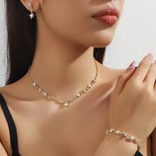 Conjunto elegante e sofisticado de 4 peças de colar, brincos e pulseira, jóias de noiva, adequado como presente para casamentos, aniversários e aniversários de mulheres, acessórios de vestido de noite - Conjunto de joias com 4 peças - Visão 13
