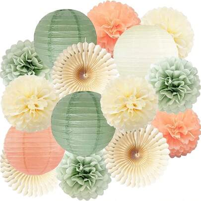 Set de 15 linternas de papel color marfil y verde, decoración para bodas, fiestas y Navidad