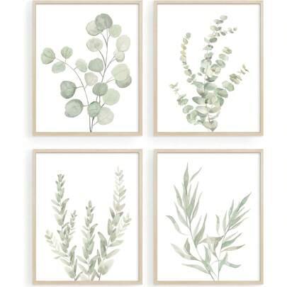 4PCS/Set Minimalist Leaves Watercolor Art Canvas Prints Green Plants Room Decor Poster Botanical Wall Art Decor For Bedroom Living Room Corridor, Wall Art, Wall Decor, Winter Decor, Room Decoration, No Frames Gifts Birthday Graduation