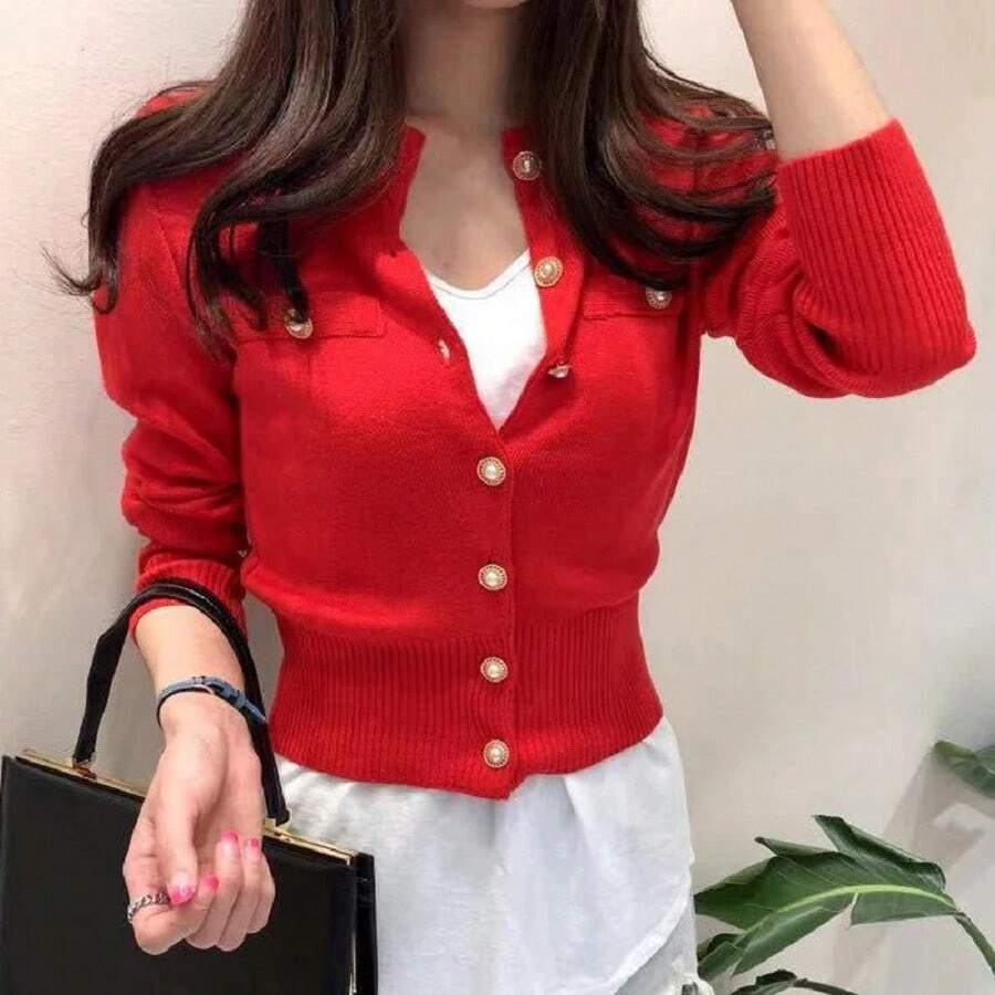 Tops de punto para mujer talla única , blusas manga larga de dama elegantes casuales, blusas tops de mujer de moda slim, chaqueta casual de punto con botonadura sencilla, Adecuado para mujeres que pesen entre 40 kg - 60 kg - Rojo - Ver 1