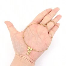 1pc New Simple Stainless Steel Bow-Knot Initial Pendant Gold Color Bead Chain Anklets For Women - Yellow Gold - View 3