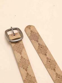 1 pieza Cinturón de PU marrón para mujer con impresión personalizada, decoración simple y versátil