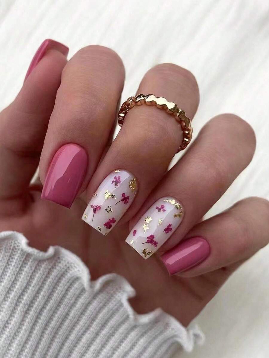 24 piezas Puntas de uñas acrílicas cuadradas cortas con estampado floral rosa intenso, uñas postizas versátiles para diferentes ocasiones - Multicolor - Ver 1