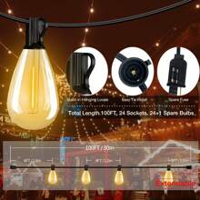 S14 LED Patio Light, Waterproof And Breakproof, 100 Feet Outdoor String Light With 24 Vintage Edison Bulbs, Linked Outdoor String Light For Porch, Backyard Cafe. - Warm white - View 4