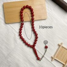 1pc Plus Size 33 Beads Solid Color Acrylic Faux Amber Bracelet, Minimalist & Casual, Suitable For Muslim Men's Daily Wear - Red - View 3