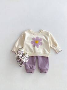 Miniweenns 2pcs/Set Baby Girl Casual Colorblock Large Floral Print Long Sleeve Sweatshirt Set, Autumn - Multicolor - View 10