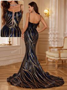 V-Collo Abito Da Festa Con Spalline Sottili E Sequin Con Divisone Laterale, Lungo E Aderente Con Coda, Vestito Da Ballo
