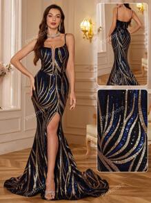 V-Collo Abito Da Festa Con Spalline Sottili E Sequin Con Divisone Laterale, Lungo E Aderente Con Coda, Vestito Da Ballo