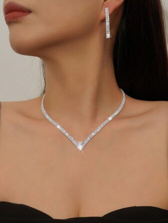 3pcs Shiny Cubic Zirconia Necklace & Earrings Set For Women, Suitable For Daily Wear, Parties, Weddings, Birthdays, Holidays & Gatherings