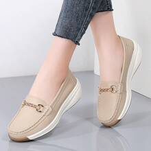 Summer Soft Moccasin Shoes For Women, Platform Slip-On Casual Thick Bottom Middle-Aged Loafers - Beige - View 2