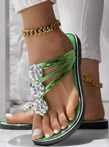 Women's Gold Metal-Look Sandals, Adorned With Crystal Floral Decor, Lightweight & Comfortable Summer Beach Slide Slippers, Slip-On Flat Shoes For Casual & Holiday Wear, Fashionable Open-Toe Non-Slip Metallic Slippers, New Summer Vacation Beach Slip-On Sandals