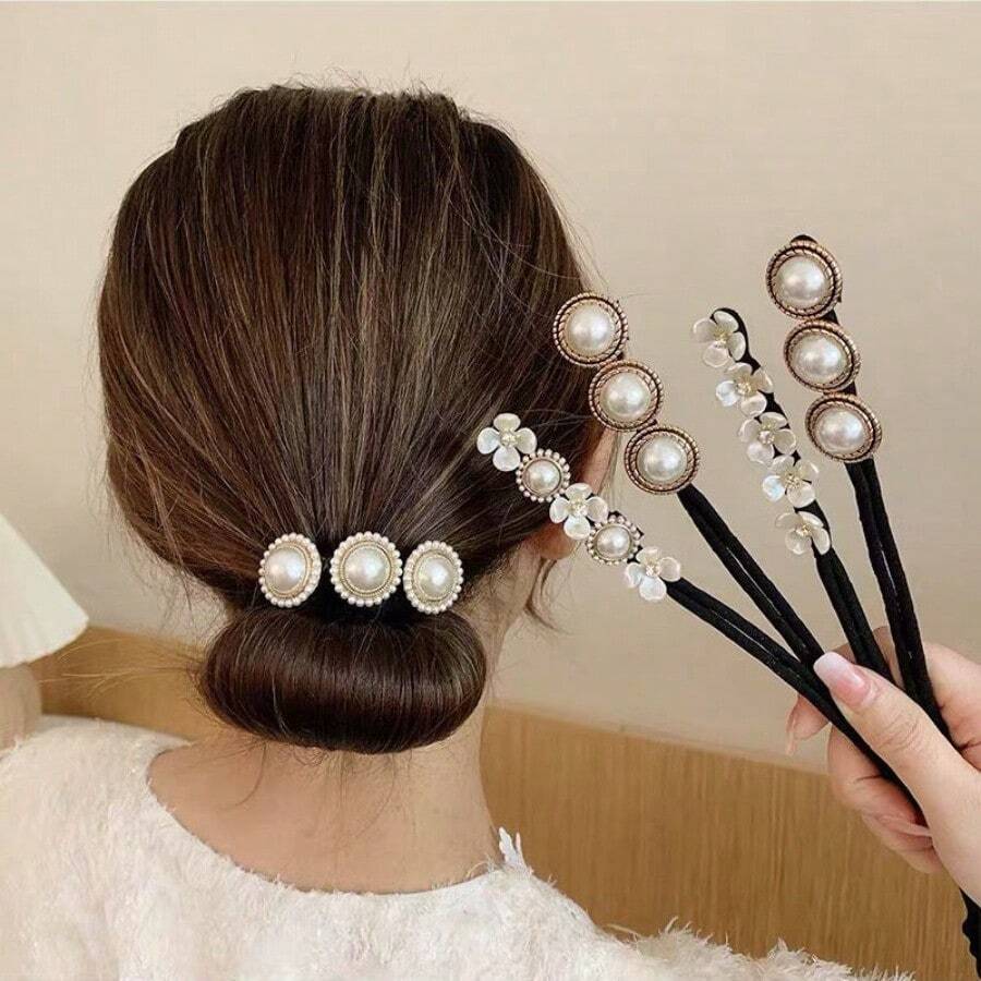 1pc Flower Magic Hair Bun Maker Hair Ties Faux Pearls Elegant Donut