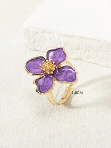 1pc Elegant Floral Enamel Open Ring, Fashionable & Chic, Suitable For Spring/Summer Everyday & Holiday Wear, Available In White, Green, Pink, Burgundy, Purple, Orange, Blue - Four-petal Flower Oil Drop Ring - View 9