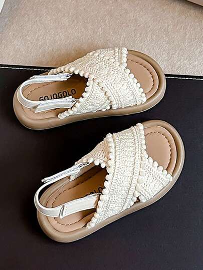 Summer Promotion Pearl White Girls' Slippers, Comfortable & Soft, Minimalist Brown Thick Sole, Suitable For Girls Aged 3-12, Indoor & Outdoor, Pom Pom Decor, Criss-Cross Strap Design