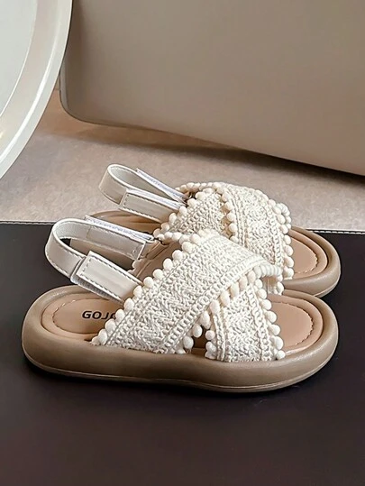 Summer Promotion Pearl White Girls' Slippers, Comfortable & Soft, Minimalist Brown Thick Sole, Suitable For Girls Aged 3-12, Indoor & Outdoor, Pom Pom Decor, Criss-Cross Strap Design