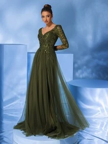 深绿色串珠 V 领长袖高开叉薄纱舞会礼服晚礼服优雅正式舞会婚礼宾客礼服，适合毕业典礼、晚宴派对礼服 - 墨綠色 - 查看 6