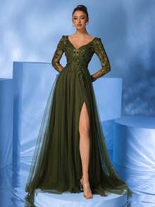 深绿色串珠 V 领长袖高开叉薄纱舞会礼服晚礼服优雅正式舞会婚礼宾客礼服，适合毕业典礼、晚宴派对礼服 - 墨綠色 - 查看 5