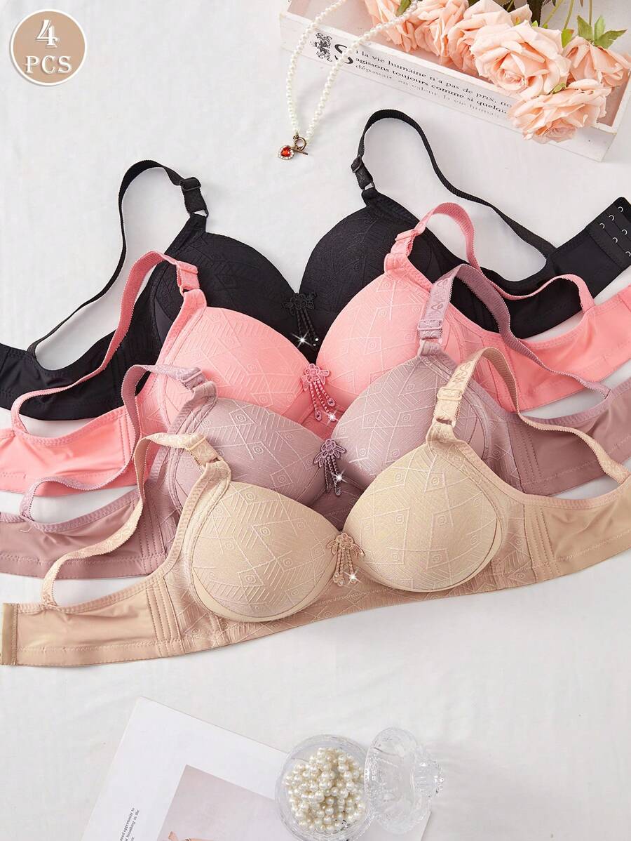 4 件女士舒适睡眠无钢圈软杯纯色 Bralette 内衣文胸 - 彩色 - 查看 1