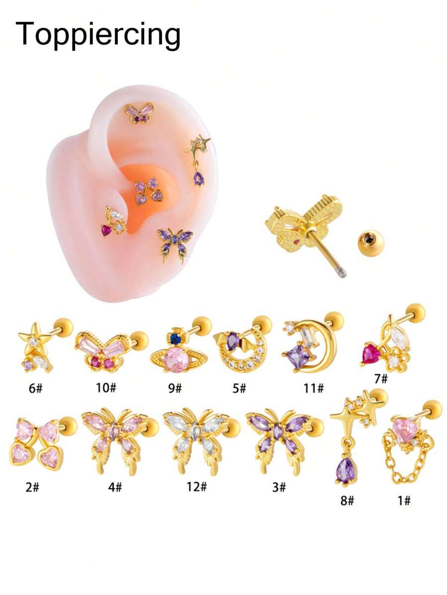 Toppiercing 1 chiếc khuyên xỏ hình trái tim bằng thép không gỉ hình bướm đính đá Zirconia phiên bản Hàn Quốc thời trang cho ngày lễ tình nhân, mẹ, mẹ, ngày của mẹ, quà tặng - Nhiều màu - Xem 1