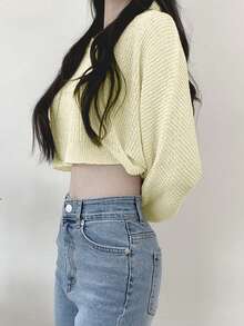 New Early Autumn Hot Girl Short Solid Color Long Sleeve Women's Knit Tops - Yellow - View 2