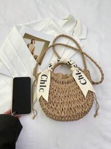 1個時尚女士手提包，斜跨包，肩包，編織包，沙灘包，耐刮花材質，適合購物，約會，派對，通勤使用，搭配精美字母絲巾裝飾，優雅，簡約，休閒的女士手提包，尺寸為9.4英寸 X 7.8英寸 X 3.1英寸