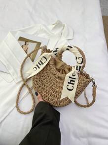 1個時尚女士手提包，斜跨包，肩包，編織包，沙灘包，耐刮花材質，適合購物，約會，派對，通勤使用，搭配精美字母絲巾裝飾，優雅，簡約，休閒的女士手提包，尺寸為9.4英寸 X 7.8英寸 X 3.1英寸