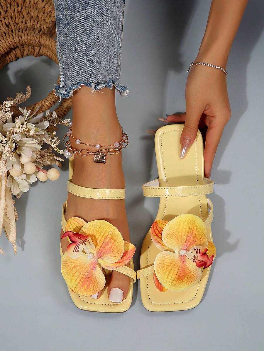 New Arrival Flower Beach Sandals Women's Plus Size Flat Casual Outdoor Slippers Open Toe Flip Flops Valentines,Spring Summer Outfits - Yellow - View 1