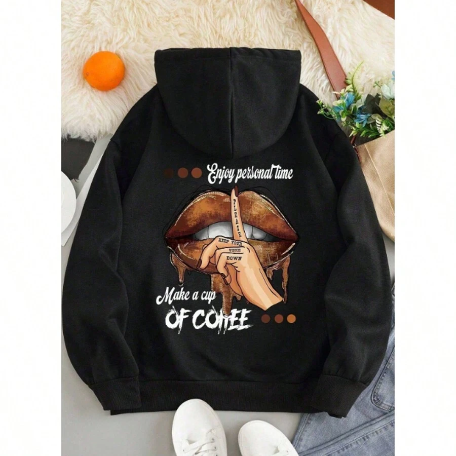 Women's Moletom Mak A Cup Coffee Back Casual Winter - 黑色 - 查看 1