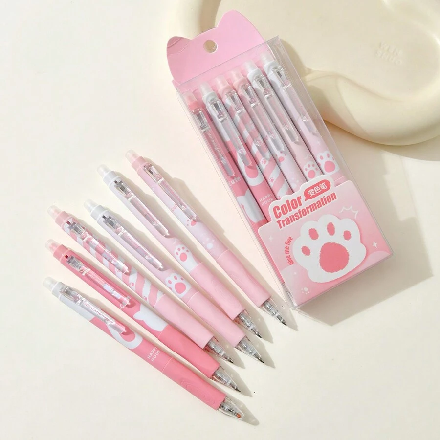6pcs Cat Paw Friction Erasable Color Changing Pens For Journaling
