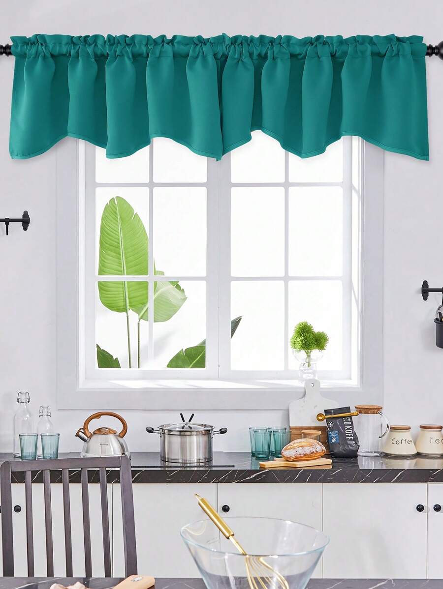 1Pc Scalloped Kitchen Valances For Windows, Rod Pocket Curtain Valance, Blackout Window Valance For Living Room, Small Window, Dining Room, Cafe, Party - Teal Blue - View 1