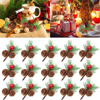10 件迷你人造松针，配红色浆果和天然松果、圣诞常青松枝和冬青浆果、人造松针，用于节日圣诞节装饰品、餐桌中心装饰、圣诞节