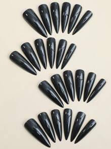 24pcs Extra Long French Stiletto Modern Classic Solid Black Full Cover Fake Nails Set, Renew Your Nails For Daily Wear, Parties, And Dances. Press-On Nails, Manicure Supplies. - Black - View 3
