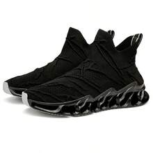 Men's Fashion Woven Knit Breathable Blade-Style Running Shoes, Shock-Absorbing, Comfortable Non-Slip Durable Sports Shoes, Suitable For Outdoor Activities - Odor-Resistant Sports Shoes - Lightweight & Breathable - Black - View 5