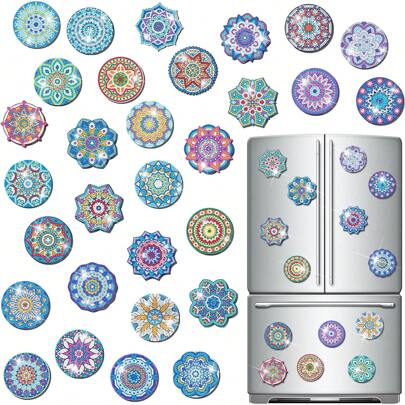 30pcs/Set Mandala Diamond Painting Magnet, Diamond Art Refrigerator Magnet Kits For Home Decor, Cabinet, Refrigerator, Adults DIY