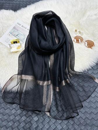 1 pieza Chal de mujer de color negro sólido de mezcla de punto/seda, elegante, estilo casual, pañuelo de cabeza, para viaje de verano, cálido chal de otoño e invierno, decoración de fiesta, accesorio de bufanda para mujer