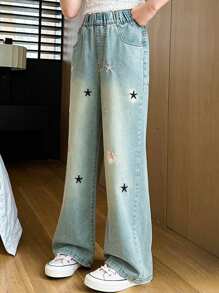 Tween 女童夏季五角星刺绣阔腿牛仔裤 1 件 - 藍色 - 查看 1