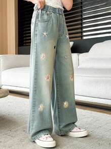 Tween 女童夏季五角星刺绣阔腿牛仔裤 1 件 - 藍色 - 查看 3
