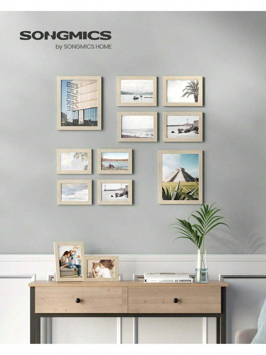 SONGMICS Picture Frames, 10 Pack Collage Picture Frames With Two 8x10, Four 5x7, Four 4x6, Photo Frame Set For Wall Gallery Decor, Hanging Or Tabletop Display, Clear Glass Front, Natural, White, Wall Decor - màu nâu - Xem 1