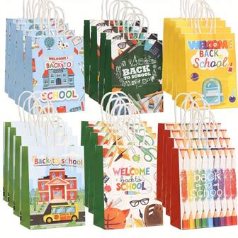 24-Piece Colorful Pencil & Flag Design Kraft Paper Gift Bags With Handles - Perfect For Back To School, Classroom Party Favors & Candy Treatshalloween Decor, Christmas Decorations, Birthday Decorations, Autumn Decor, Wedding Box/Gift, Christmas Gifts, Gift Box, Pumpkin, Cup Accessories