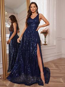 Donne Vestito lungo per festa/promenade senza maniche con scollo a V, in blu navy, linea in A con paillettes e spacco sul fondo con strascico sweep train