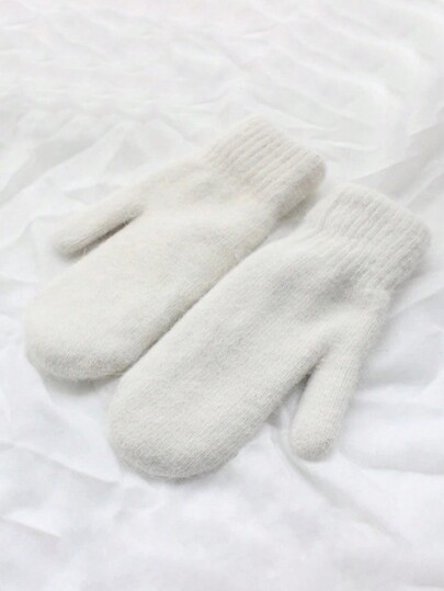 1pair Women's Solid Color Rabbit Fur Double-Layer Thickened Knitted Mitten Gloves, Suitable For Party, Driving, Cycling, Hiking, Running, Keep Warm In Cold Weather